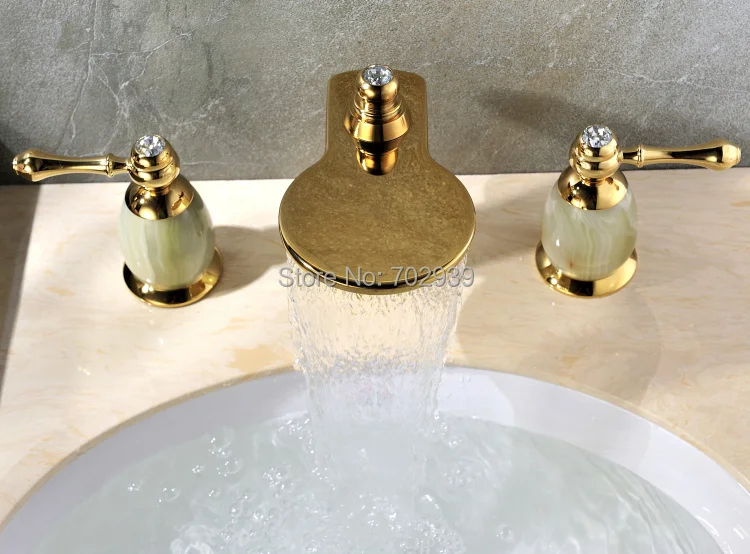 

Gold clour 8 inch widespread 3 pieces bathroom Lavatory Sink faucet Mixer tap Free ship stone Jade faucet with crystal knobs