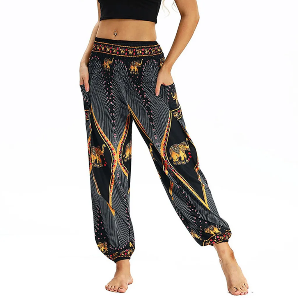 Черный Модные женские повседневные свободные брюки с принтом мешковатые Boho Аладдин шаровары Новинка 7,11 - Цвет: Черный