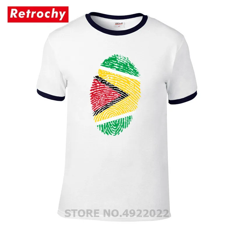 Retrochy Guyana Flag Fingerprint T-shirt Thumbprint T Shirt men Summer 100% Cotton Short Sleeves Tshirt Hipster Tops Tees | Мужская