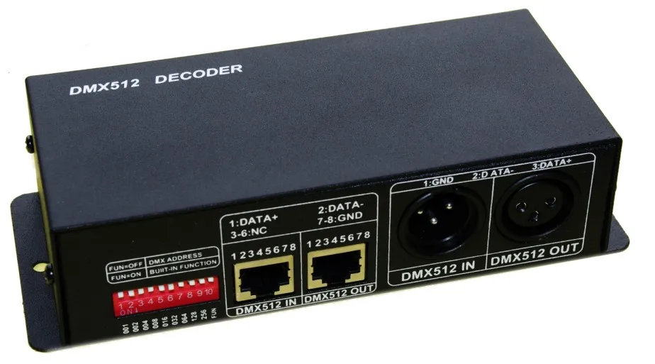 

3 channel DMX512 RGBW controller 3CH DMX512 decoder DC12-24V input each channel max 5A have XLR & RJ45