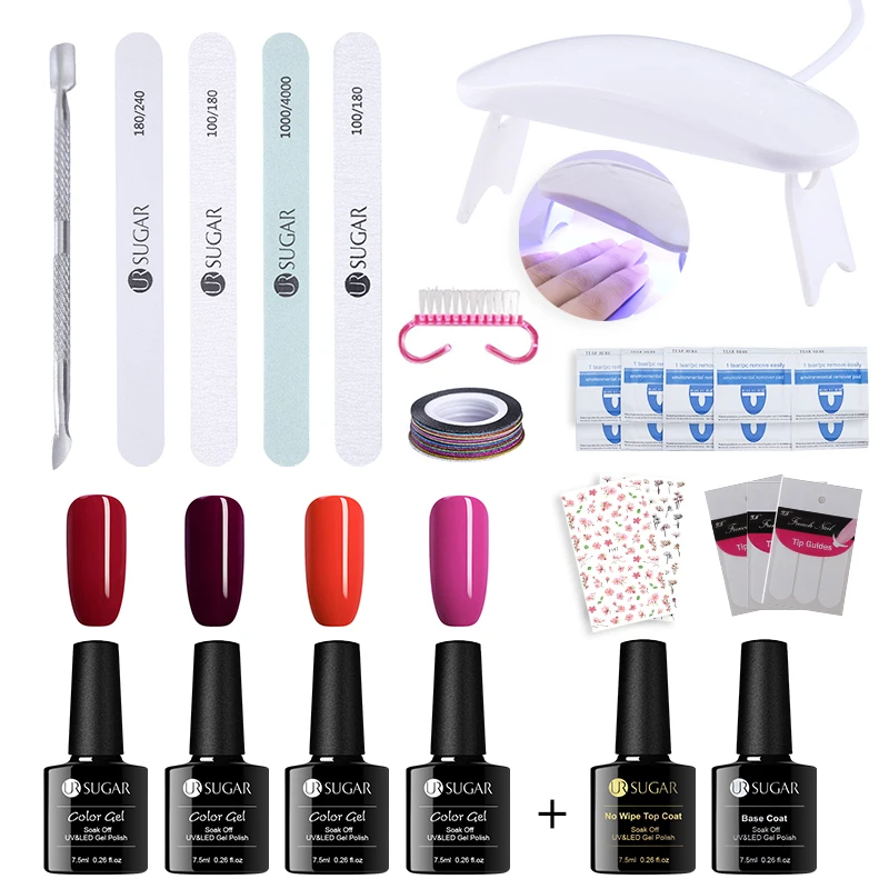 UR SUGAR Full Manicure Nail Set 6W UV LED Lamp with 7.5ml Semi Permanant Color UV Gel Polish Top Base Coat Nail Art Tools Kit