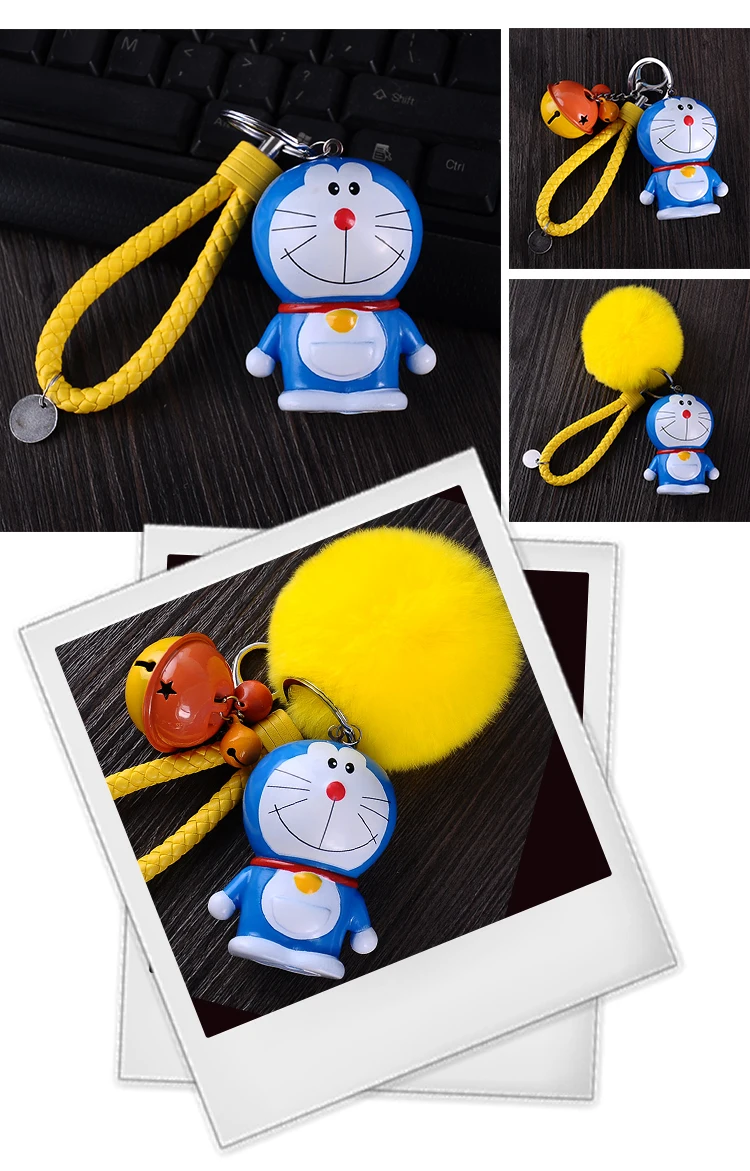 Милый мультфильм Doraemon девушка игрушки меховой шар помпон помпоны брелок для женщин кожаный ремешок металлический брелок для ключей цепи Автомобильная сумка Шарм D33
