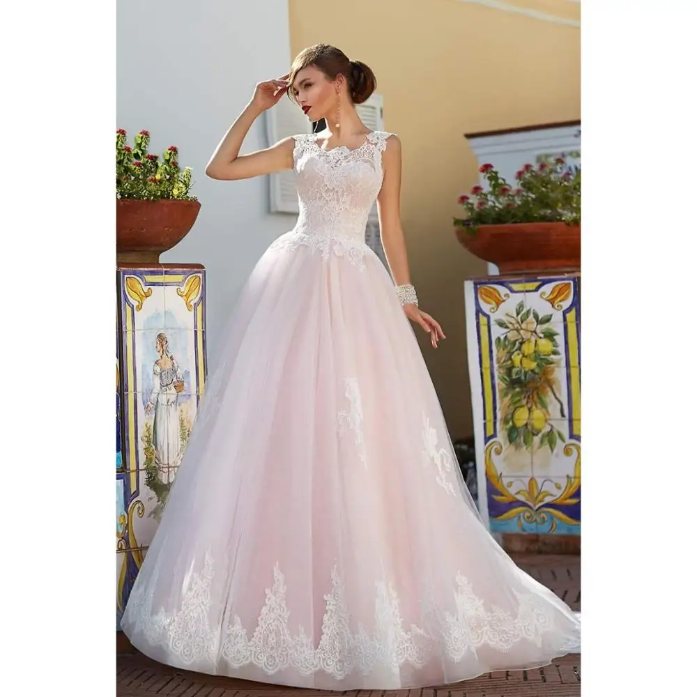 

Hot Selling Pink Wedding Dress Lace Up Back Exquisite Lace Appliques Custom Made Country Garden Floor Length Bridal Gown
