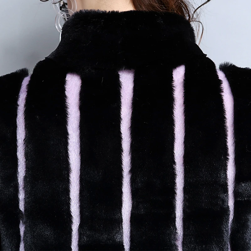 2019 New Women Faux Fur Coat Long Black and Purple Contrast Color Striped Patchwork Loose Overcoat Plus Size 5XL 6XL | Женская одежда