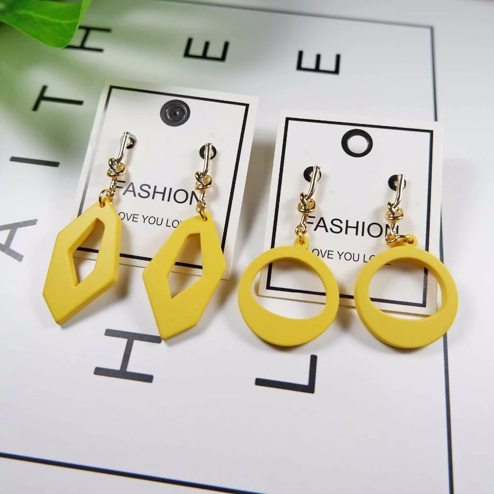 earrings 2019 lemon yellow geometric dangle metal paint women's lovely resin drop for girls | Украшения и аксессуары