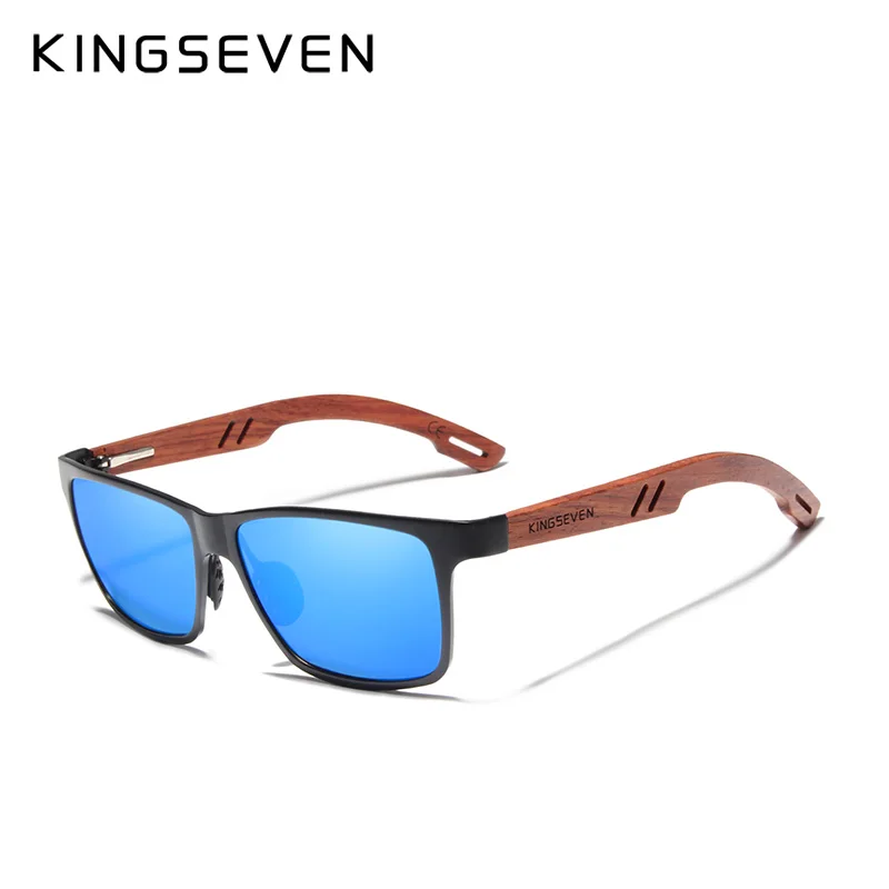 Black Blue KINGSEVEN дизайн ручной работы натуральный Bubinga Деревянные+ алюминиевые солнцезащитные очки мужские поляризованные Модные солнцезащитные очки Квадратные UV400 Gafas De Sol - Цвет линз: Black Blue