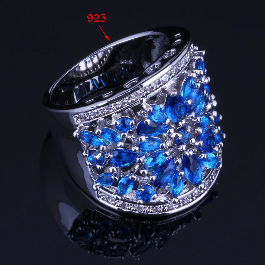 Очень хороший огромный темно-синий фианит Белый CZ Кольцо из стерлингового