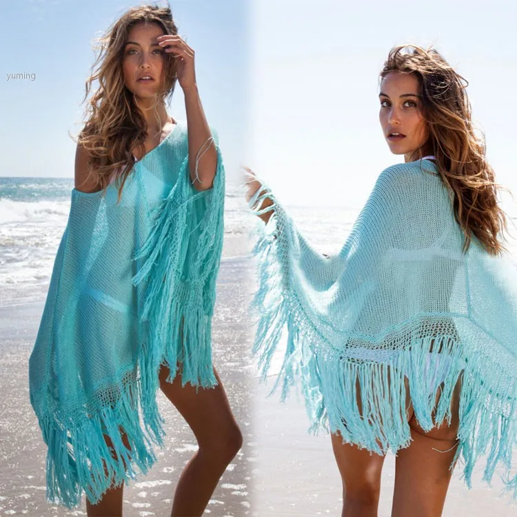 Новинка твердые женщины летучая мышь нерегулярные подол кисточка пончо кабо