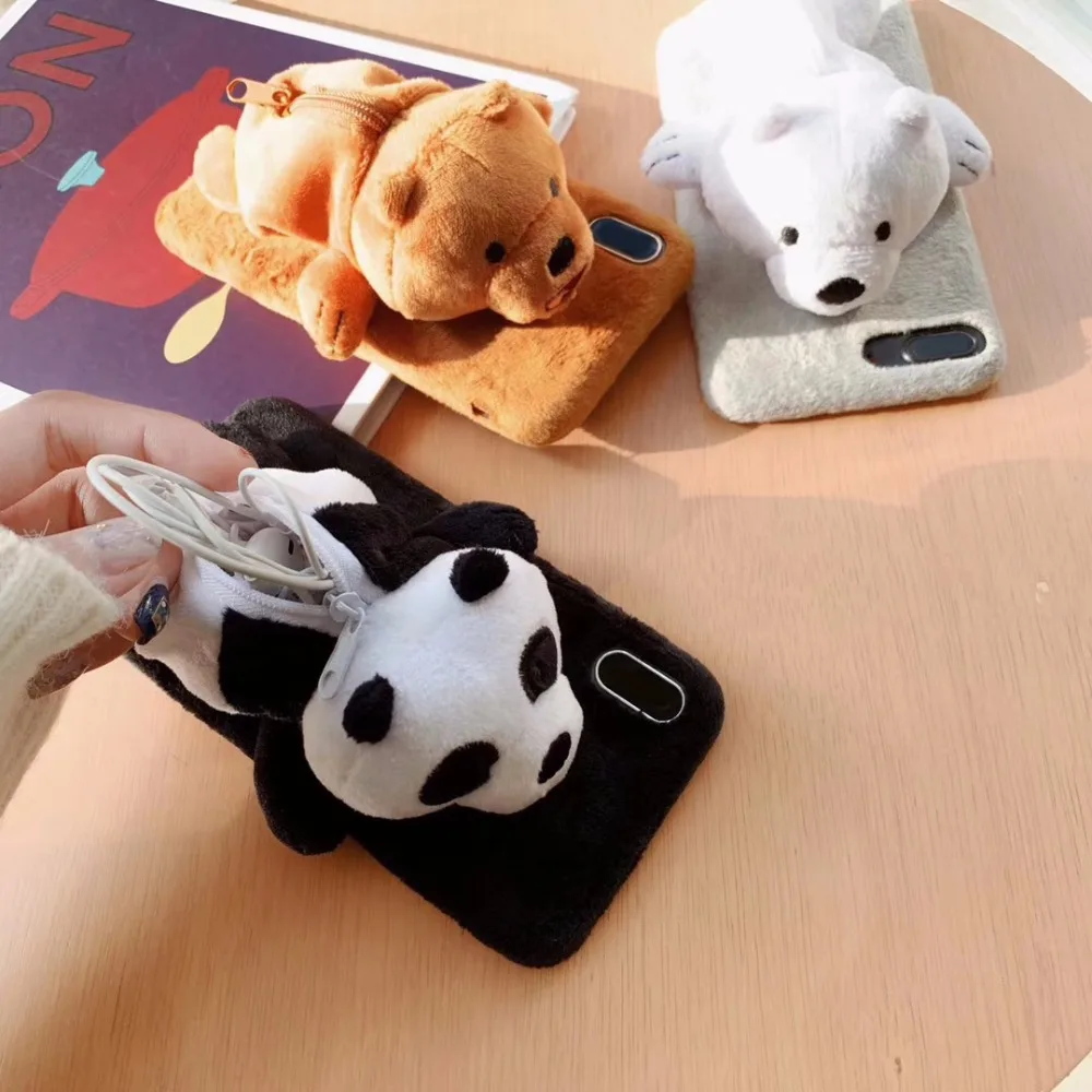 Для IPhone милый пушистый мех кролика теплый плюшевый мех 3D Белый медведь и панда игрушка кукла Новинка портмоне на молнии мягкий чехол из ТПУ