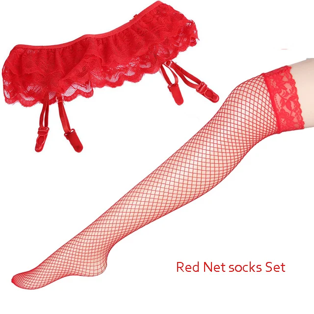 Red Net socks Set 1 комплект, женские модные сексуальные кружевные чулки с мягким верхом+ Пояс для чулок L04 Z44 - Цвет: Red Net socks Set