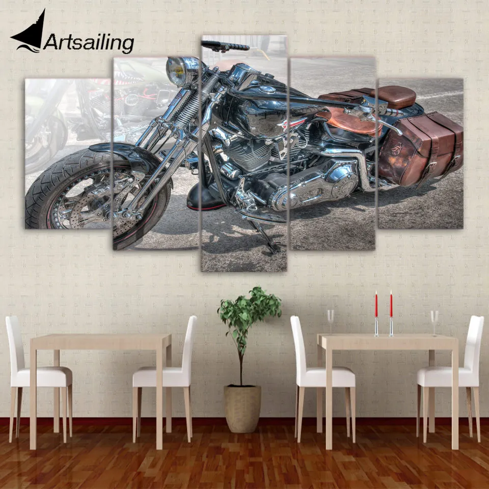

5 panel HD Printed Pretty retro motorcycle Painting children's room home decor print poster picture canvas Free shipping/ny-4100