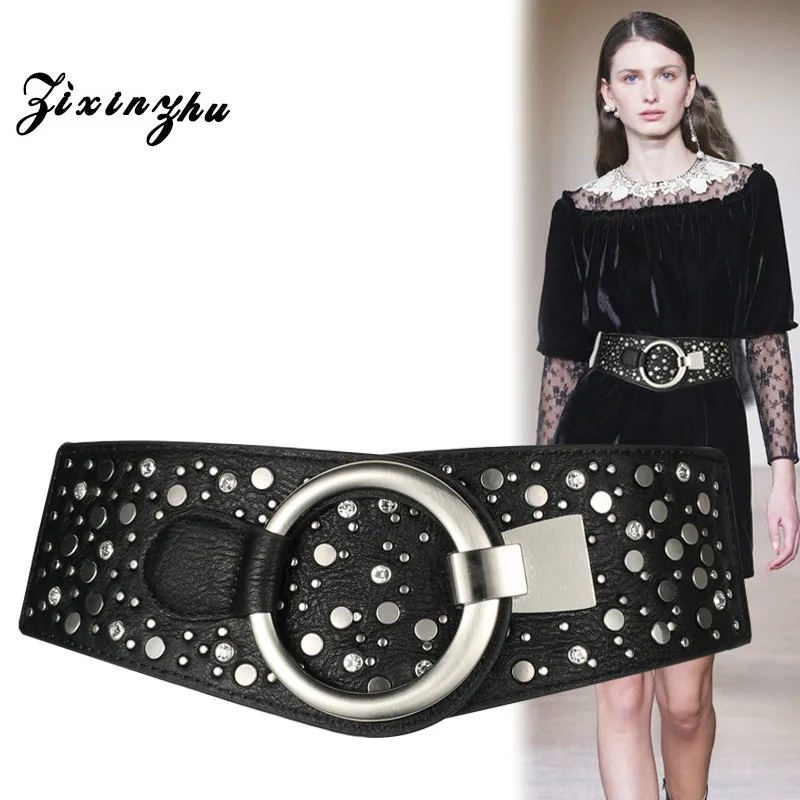 Extended Elastic Wide Belt Women Artificial Diamond Waistband Rivet Decorative Coat Waist Seal with Skirt Sweater Girdle H3154