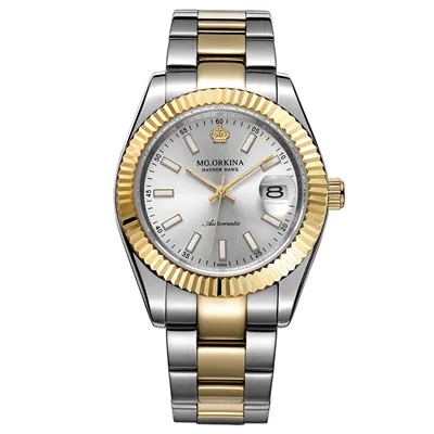 Gold White ORKINA часы для мужчин двигаться для мужчин t автоматические механические часы для мужчин's водонепроницаемые светящиеся часы сталь ремень мужчин's часы в деловом и повседневном стиле - Цвет: Gold White