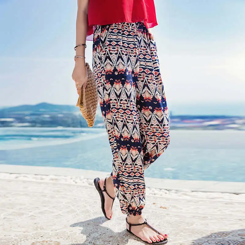 2019 New fashion bohemian style long pants summer print chiffon harem loose casual plus size women trousers W74 | Женская одежда
