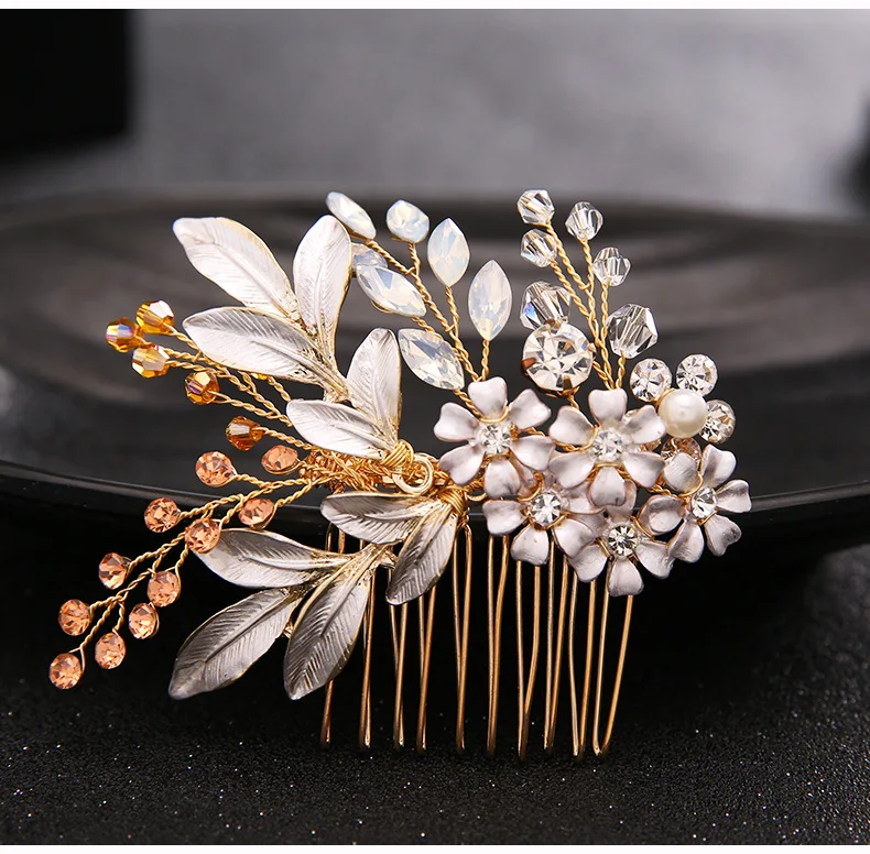 

SLBRIDAL Gorgeous New Arrival Rhinestones Flower Leaf Pearls Wedding Hair Comb Bridal Hair Piece Hair Accessories Bridesmaids