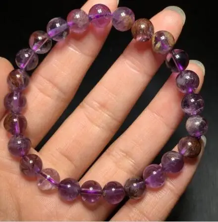 

free shipping 7-7.7mm Natural Purple AmethystGhost Quartz Crystal Beads Stretch Bracelet AAA