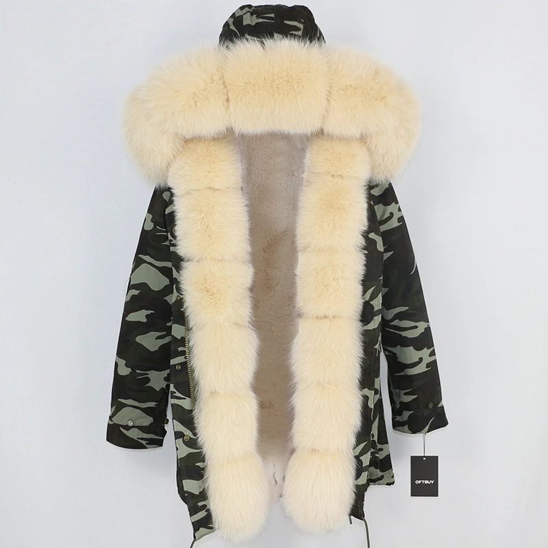 green camo beige OFTBUY длинная парка, пальто с натуральным мехом, зимняя куртка для женщин, Воротник из натурального Лисьего меха, Толстая теплая брендовая Роскошная Съемная уличная одежда - Цвет: green camo beige