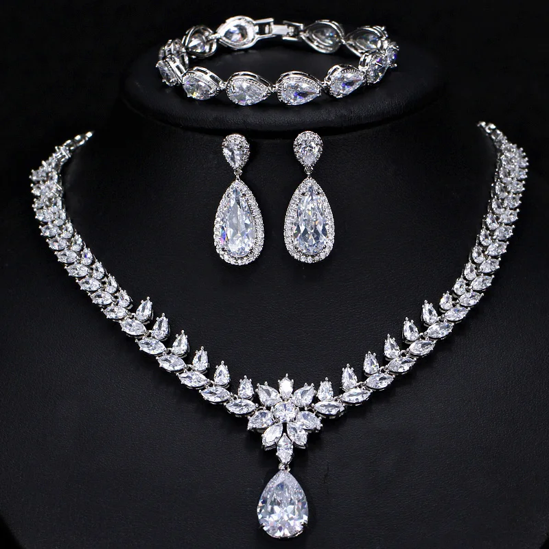 ThreeGraces 3 шт. Роскошный CZ длинная водяная капля свадебное ожерелье серьги браслет ювелирный набор для невесты Вечеринка JS078
