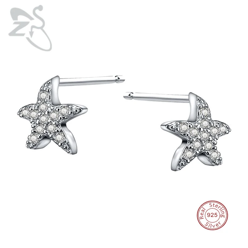 ZS Crystal Stud Earrings Fashion Jewelry Piercing Real 925 Sterling Silver Starfish AAA Cubic Zirconia Small Ear Pin | Украшения и