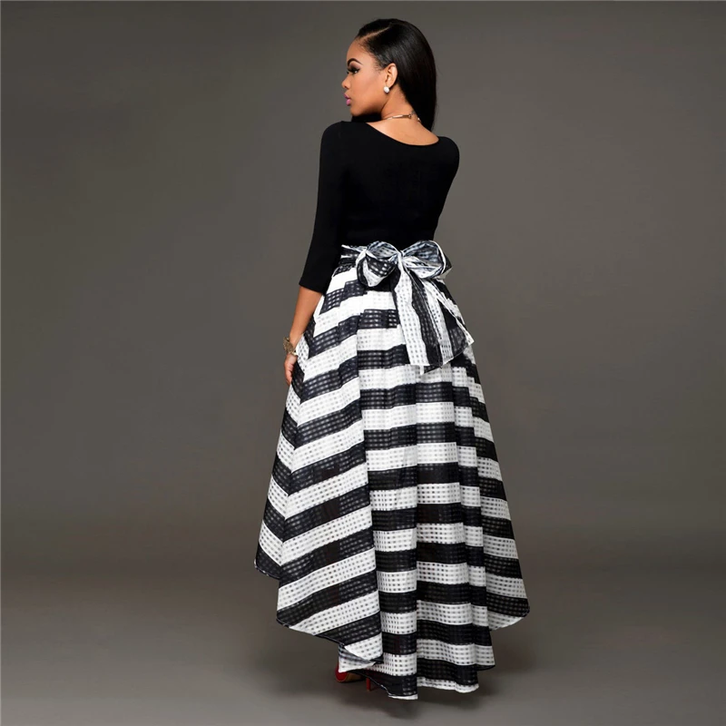 2018 New Fashion Women Summer Long sleeve shirt and Black White Stripes Sexy Maxi Pleated Skirts | Женская одежда