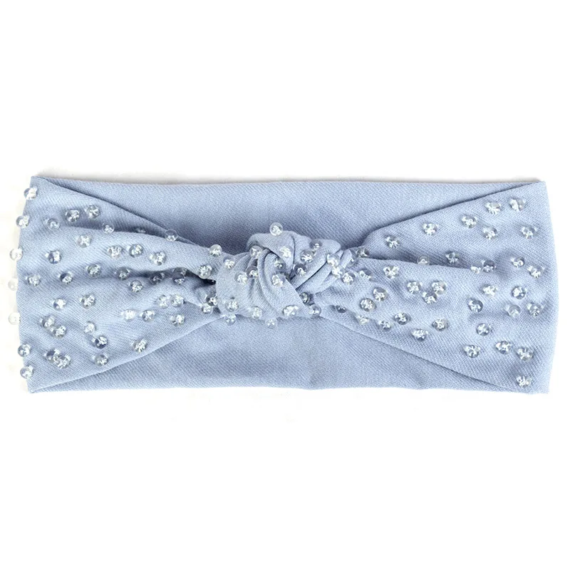 Light Blue Geebro жемчужные аксессуары, ребристая лента для волос с бусинами для женщин, Узловая полосатая эластичная повязка на голову, женские тюрбаны, обертывания, хлопок, бохо, DD801 - Цвет: Light Blue