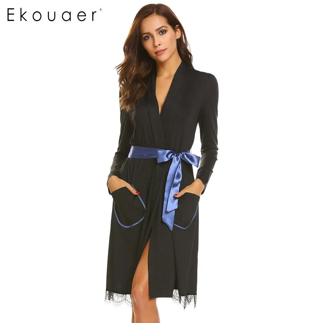 Ekouaer, женские халаты, ночное белье, кружевная отделка, длинный рукав, карманы, кимоно, пижамы, халаты, элегантные, для ванной, спа, халат, Женская домашняя одежда - Цвет: Black