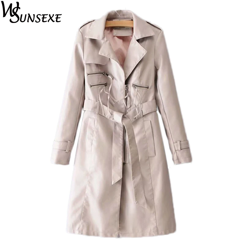 Zipper Turn-collar Pu Leather Jackets Coat Women Autumn Long Sleeve Mid-length Motorcycle Parkas with Sash Casual Jacket Outwear | Женская