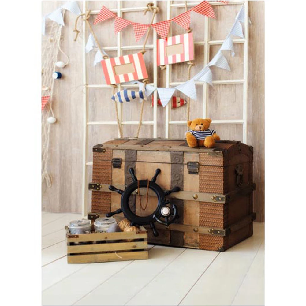 

Indoor Pirate Theme Party Backdrop Wood Floor Printed Rudder Vintage Treasure Box Baby Boy Kids Captain Photo Studio Backgrounds