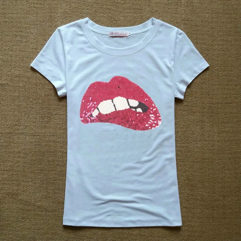 Женская футболка с красными губами Повседневная блестками для фитнеса лето