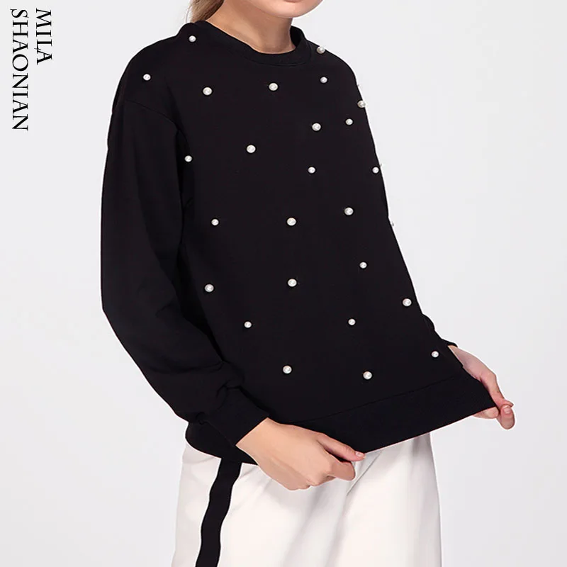 Осень 4 цвета модные однотонные жемчужные толстовки женские повседневные с