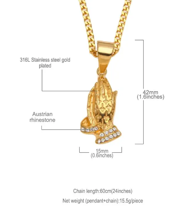 small pendant 24inch Хип-хоп Нержавеющая сталь молитва Шарм Подвеска Цепочки и ожерелья Iced Out кристалл молиться руки с крест религиозных Цепочки и ожерелья для Для мужчин - Окраска металла: small pendant 24inch