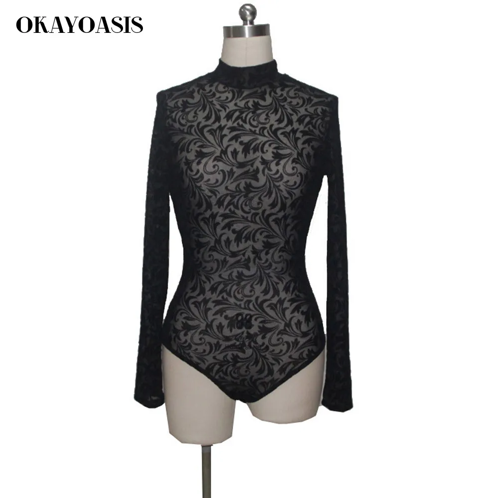 2017 Сетчатое прозрачное сексуальное боди с длинными рукавами женское черное из