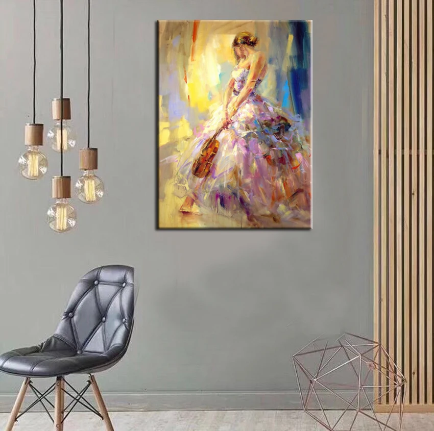 

Beautiful Lady Play violin Figure modern Handmade Oil Painting wall art on Canvas for living Room home Decor Picture no frame