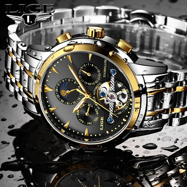 LIGE для мужчин часы Self-Wind Tourbillon механические водостойкий Автоматический Скелет