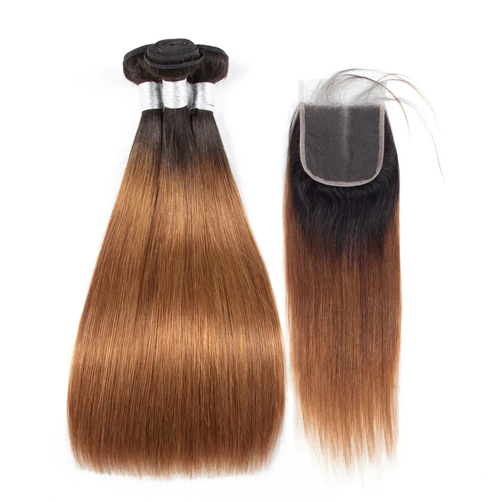 T1B/30 Hotlove волос Ombre бразильский волосы прямые Ombre Связки с закрытием 3 Ombre человеческих волос Связки с закрытием не Реми T1B /30 - Цвет: T1B/30