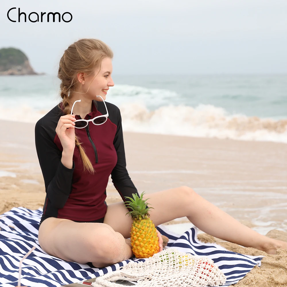 

Charmo Women Long Sleeve Front Zipper Rashguard Shirt Swimsuit Patchwork Swimwear Surfing Top Hiking Shirt Rash Guard UPF50+