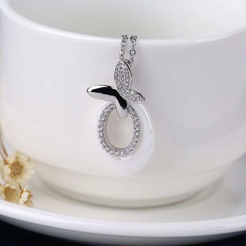 Black White Necklaces &amp Pendant Ceramic Crystal Necklace Transparent Glaze Silver Chain Butterfly Wedding Jewelry Gift | Украшения и