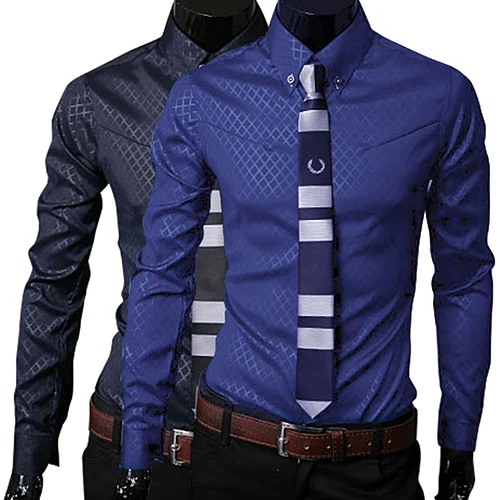 

2019 Fashion Men Argyle Luxury Business Style Slim Fit Long Sleeve Casual Dress Shirt