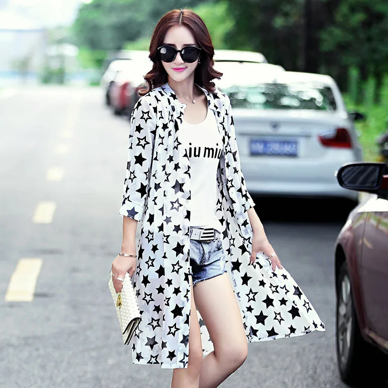 Новинка 2016 Летний шифоновый кардиган с принтом свободная длинная уличная