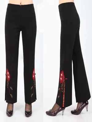 Брюки женские с высокой талией и вышивкой большие размеры 5XL на весну осень |