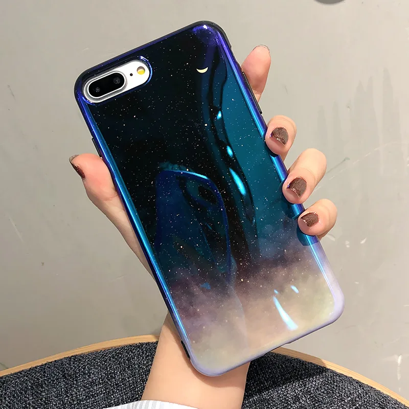 Айфон 8 Плюс Голубой Градиент Звёздное Небо Маленькая Луна Чехол для Мобильного Телефона Apple XS Max/7 Космическое Зеркало Личность Женская.