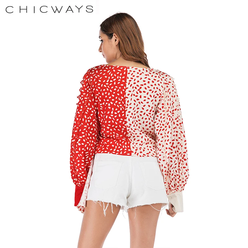 Chicways цвет блока горошек Шелковый Атлас Дамы Вязаная блуза с запахом v-образным