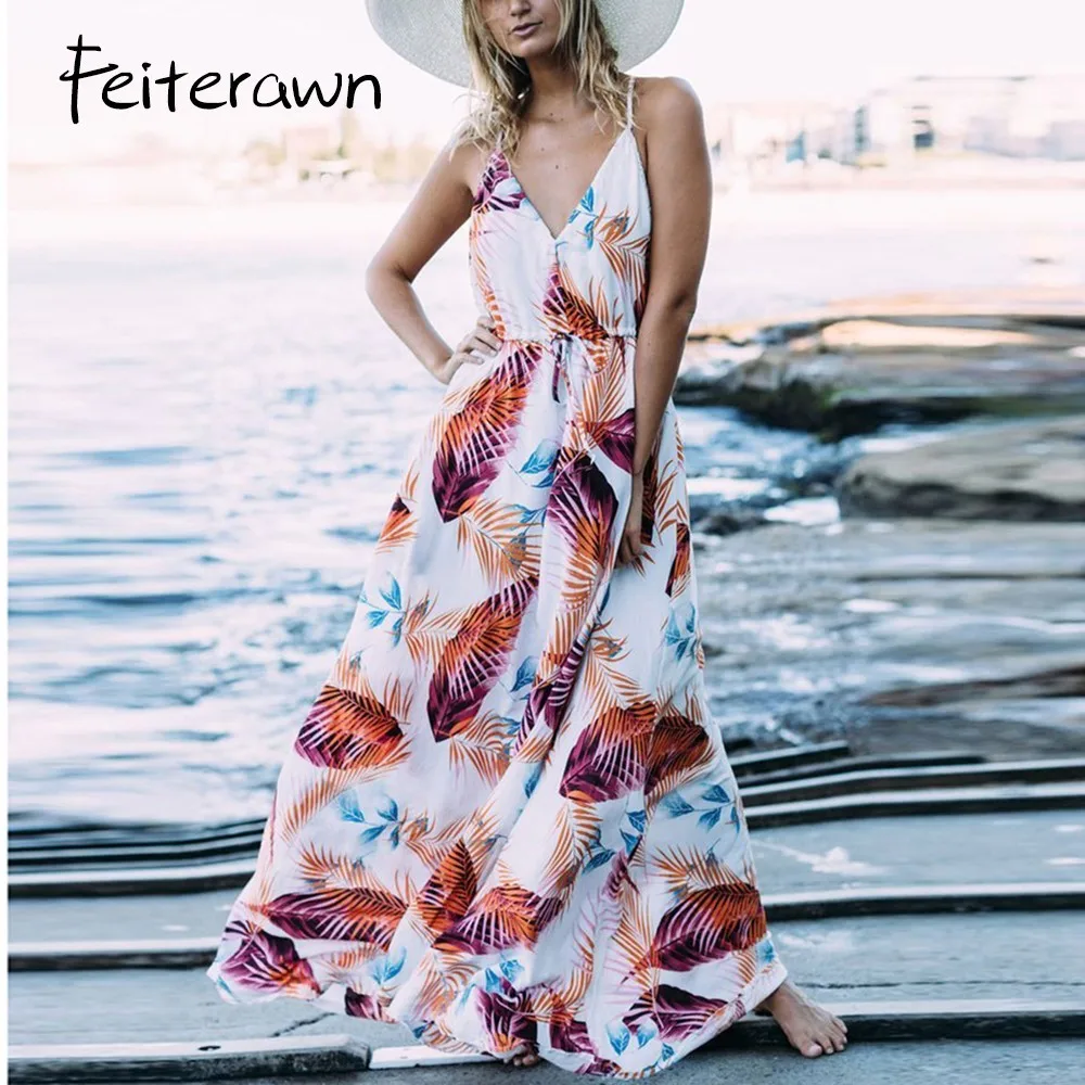 Feiterawn 2018 Для женщин летние богемные без рукавов Flare Swing отпуск платья V шеи