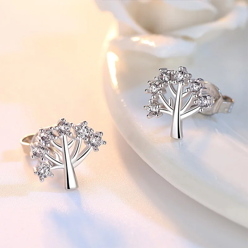 SaiSee Wishing Tree AAA CZ Stone Stud Earrings for Women White Gold Color Cubc Zirconia Female Fashion Jewelry Brincos | Украшения и