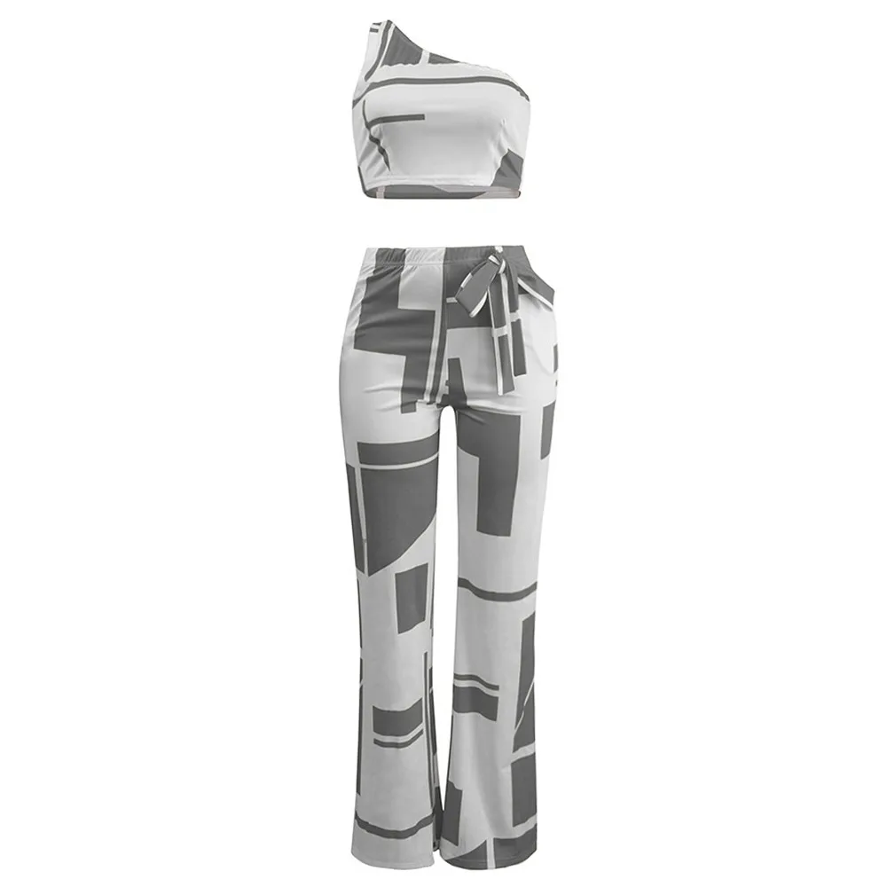 Tilapia slim new sexy girl club party sets one shoulder top long pants 2in1 fashion set sleeveless geometric women |