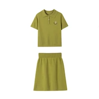 perhaps u women turn down collar two pieces set short sleeve mini elastic waist skirt knitted green avocado summer t0214
