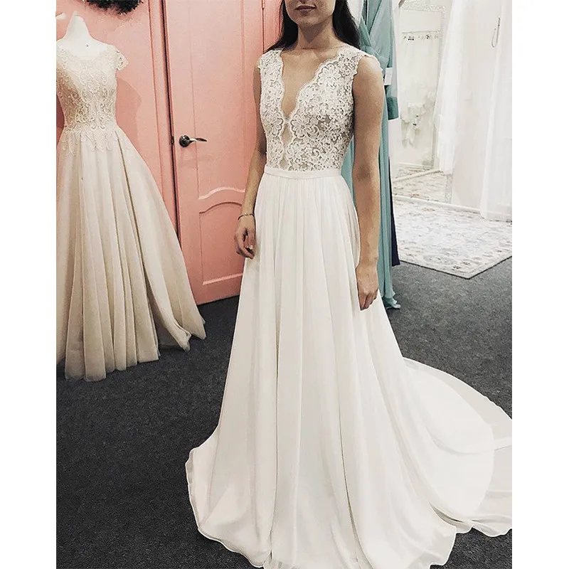 

Boho A-line Wedding Dress Sexy V-neck Sleeveless Chiffon Beach Bridal Dress Full Length Vestido De Novia Lace Robe De Mariee