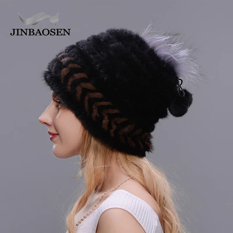 Женская шапка из натурального меха норки JINBAOSEN брендовая теплая вязаная с лисьим