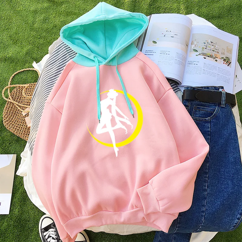 

2018 Hoodies Women Casual Lady Fleece Sweatshirt Long Sleeve Loose Autumn Winter Harajuku Kawaii Cartoon Sailor Moon Cute Hooded