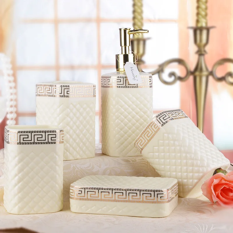 

Five-piece Ceramic Set White Ivory Porcelain Washroom Set Bath Series Bathroom Accessory Wash Kit